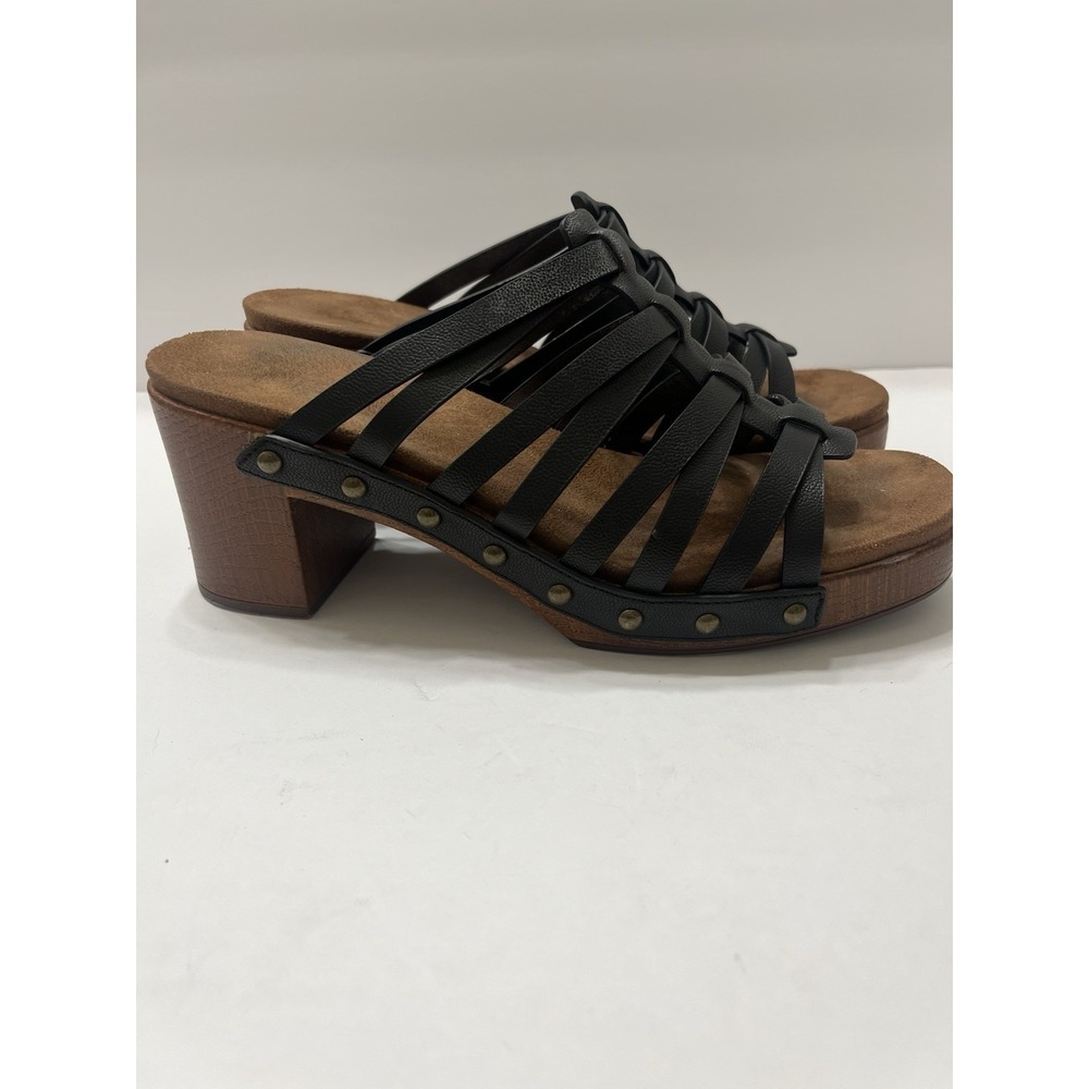 White Mountain Jackpot Heel Sandal Black Strappy Birdcage Studs Faux Wood Heel